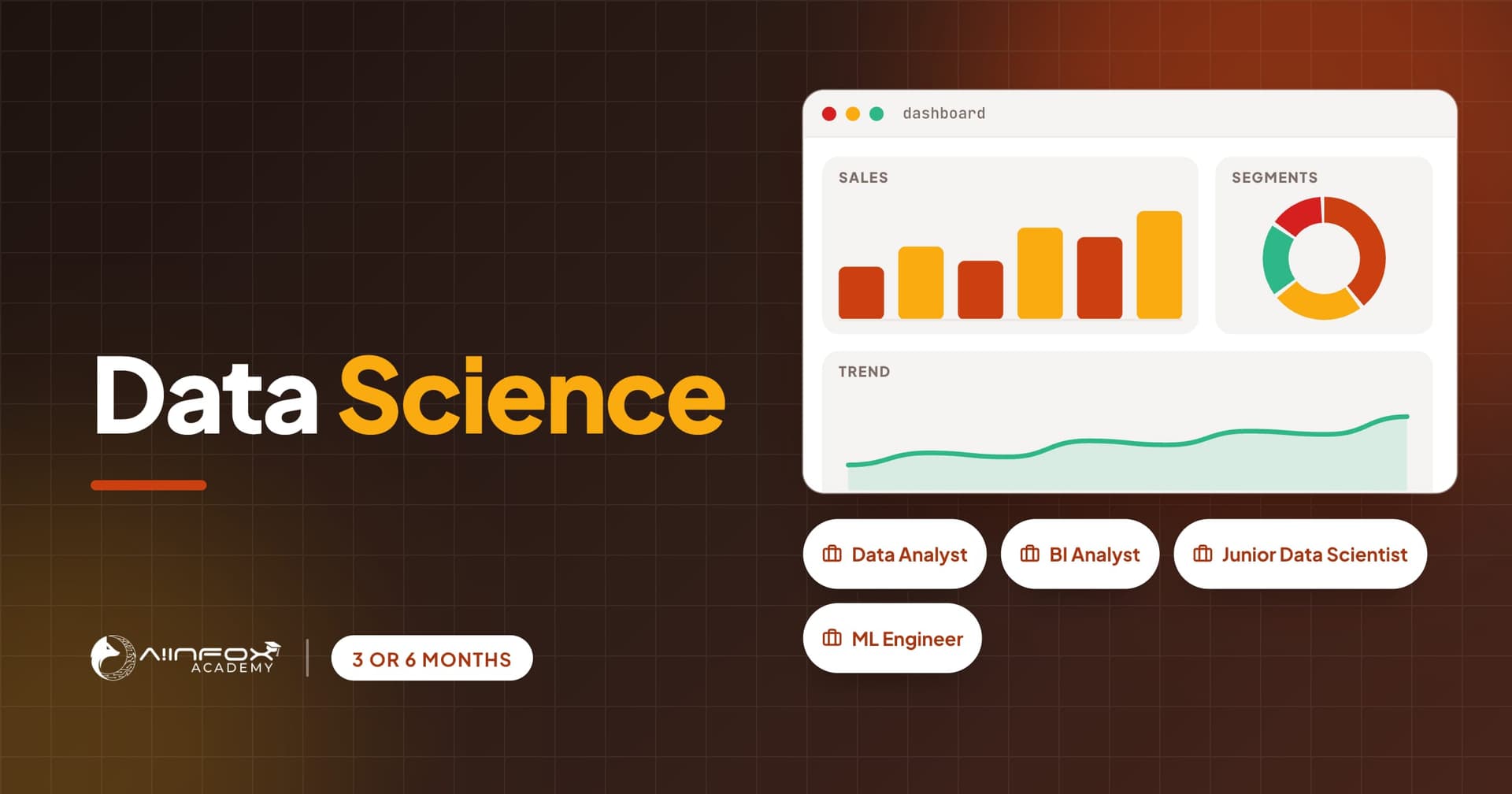 Data Science course at Aiinfox Academy: a dashboard of charts built from data.