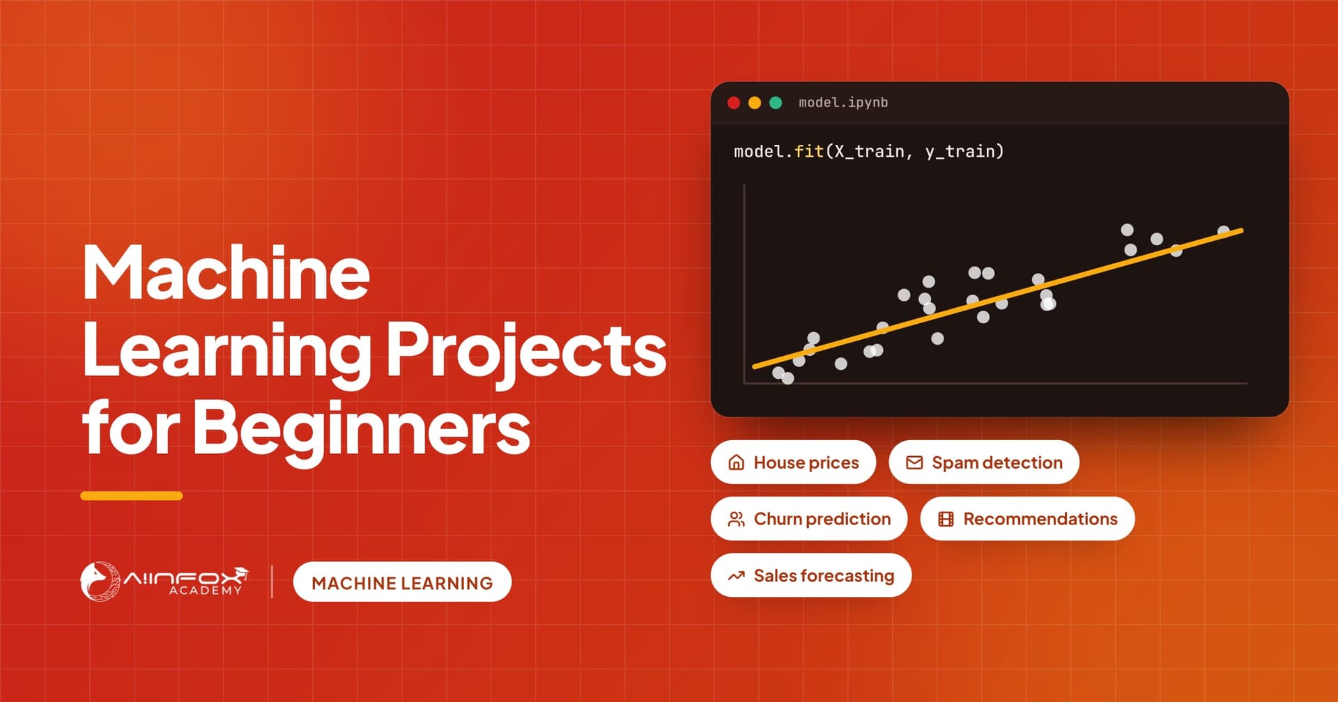 Machine Learning Projects for Beginners: a regression plot in a notebook and five beginner project ideas.