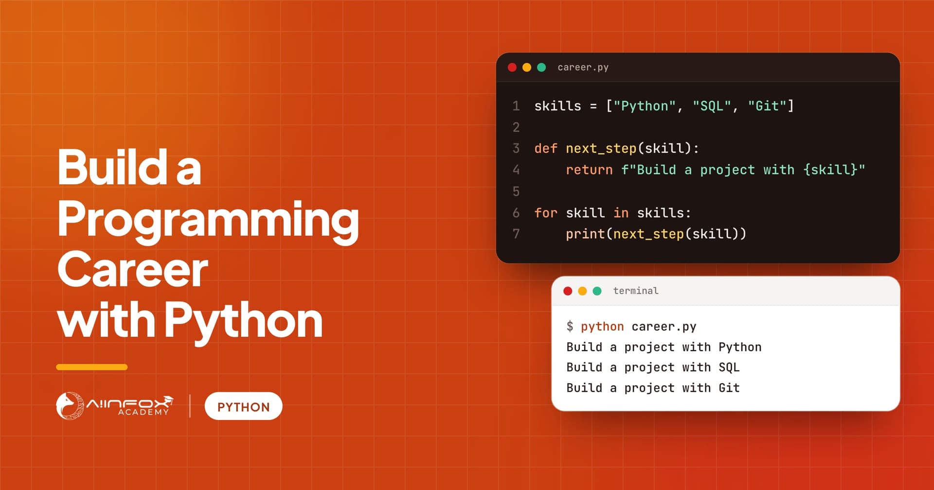 Build a Programming Career with Python: a short Python script and its output in a terminal.
