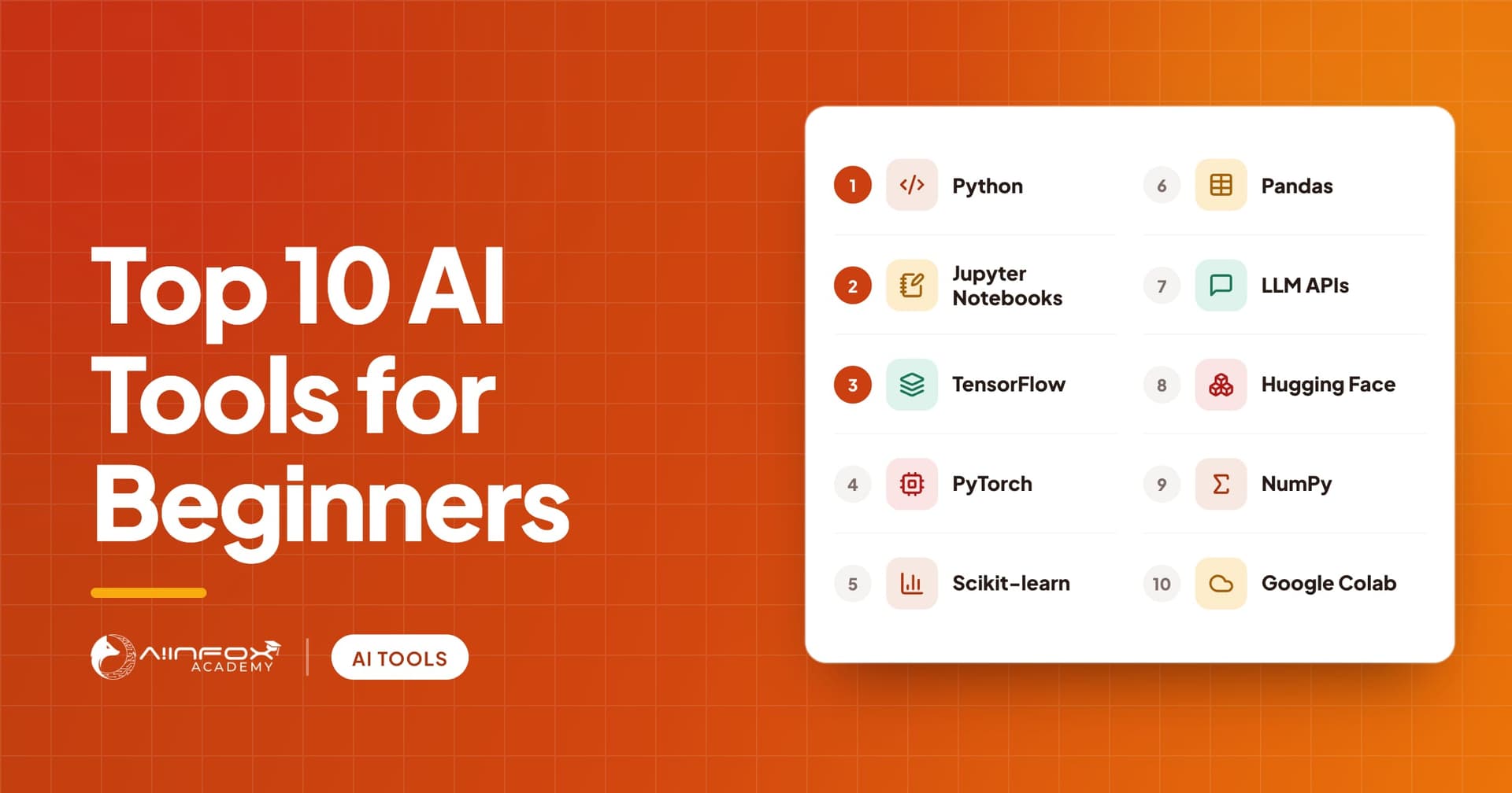 Top 10 AI Tools for Beginners: a numbered list from Python and Jupyter Notebooks to Hugging Face and Google Colab.